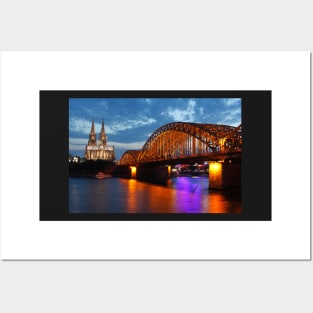 Cologne Cathedral, Dom, Hohenzollern Bridge, dusk, Cologne, Germany Posters and Art